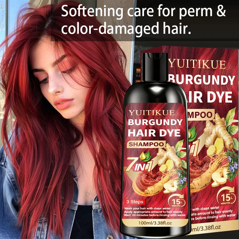 YUITIKUE 100ml Burgundy Hair Dye Shampoo, 7 IN 1 15-Min Quic