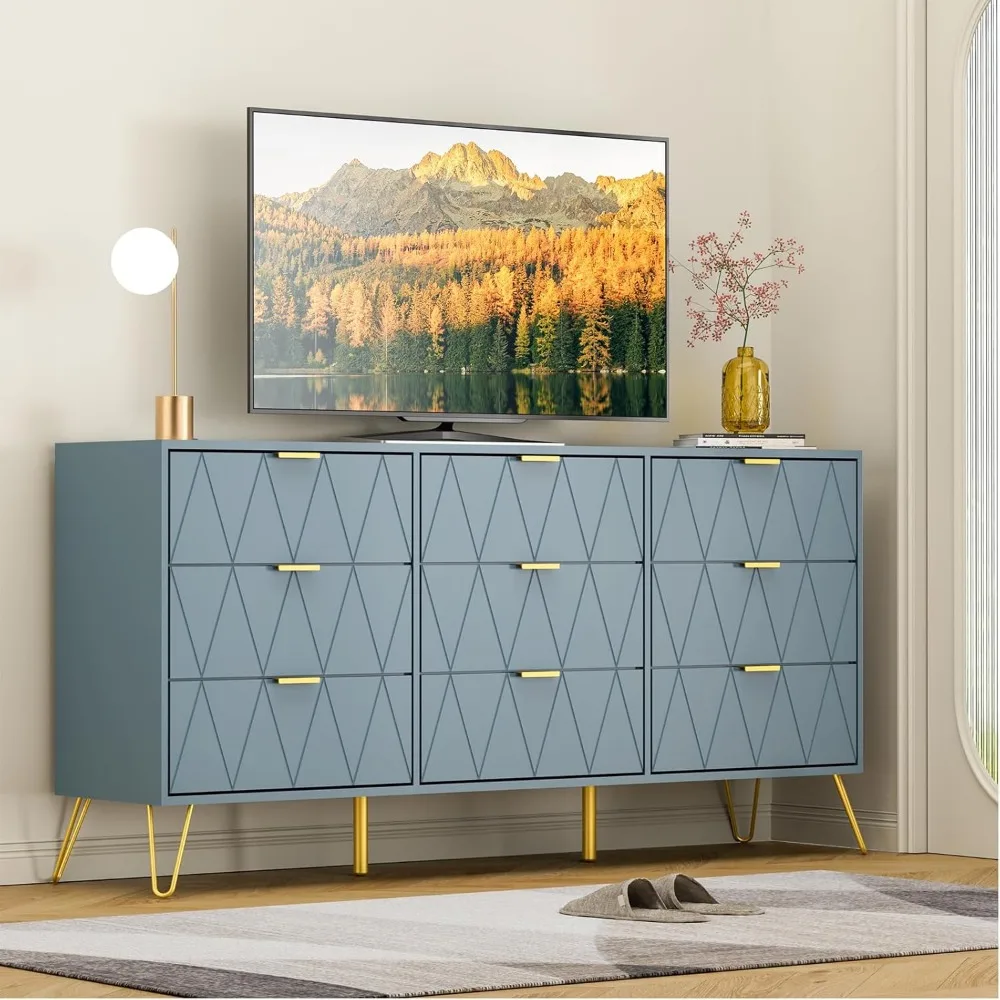 

Blue 9 Drawer Dresser for Bedroom with Gold Handles, Long Dresser & Chest of Drawers with Deep Drawers, Modern Wood Dresse