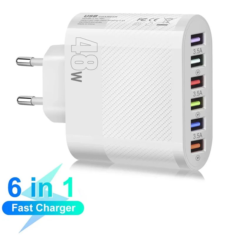48W USB Fast Charging Charger 6 Ports Quick Charge 3.0 Mobile Phone Charger For Samsung Xiaomi iPhone 17 Wall Charger US EU Plug
