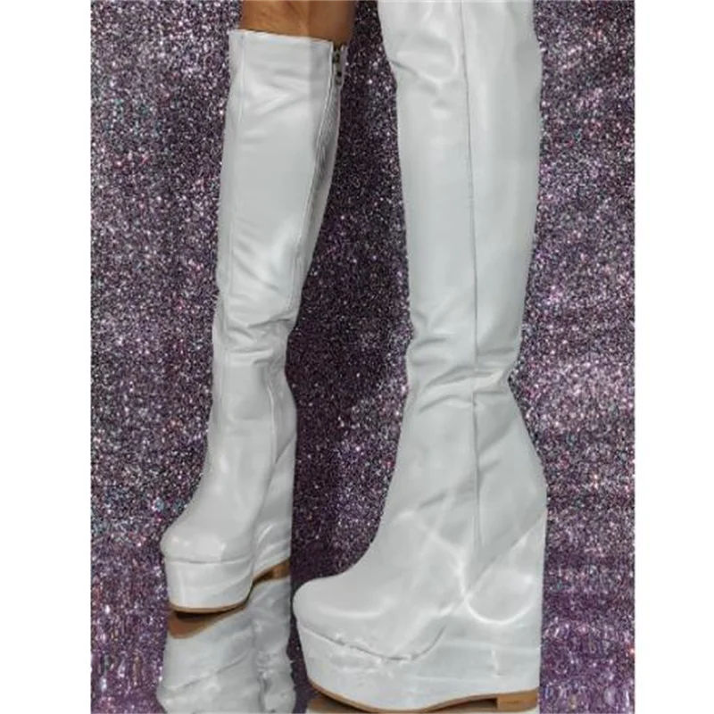

Pleated Shoes for Lady Pointed Toes Wedges Women Side Zipper Female Long-calf Boots Sewing Lines Tacones Leather Chassure Femme
