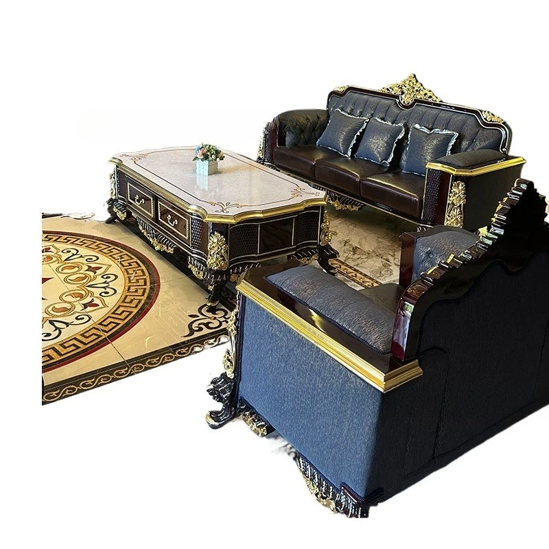 مجموعة أريكة قماشية من الجلد الأسود لغرفة المعيشة فيلا فرنسية نوبل مزيج من الخشب الصلب الفاخر الأوروبي الفاخر #1