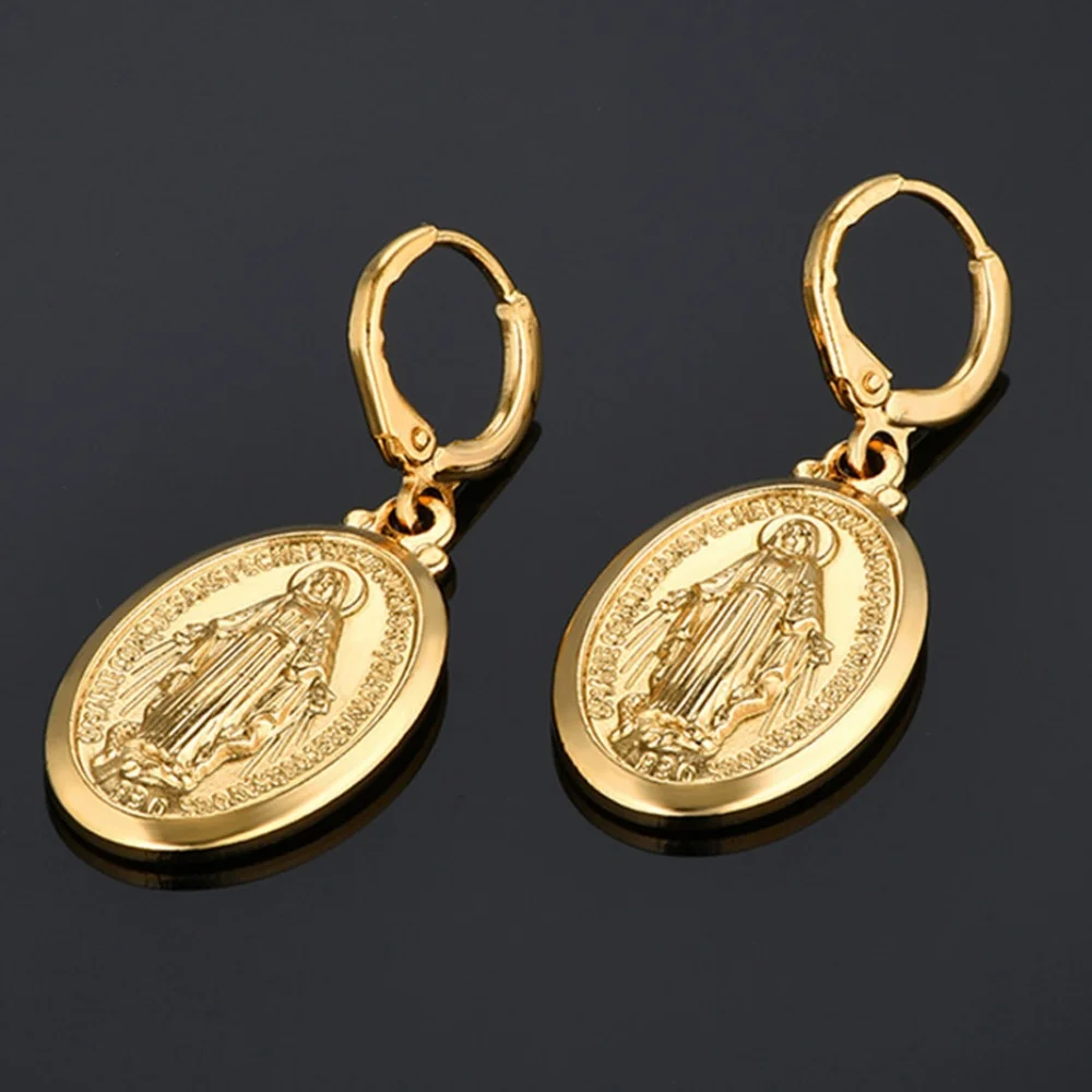 Catholic Gift Gold Color Madonna Medal/Crucifix Cross/Virgin Mary/Rosary Drop Earrings for Women Dropshipping