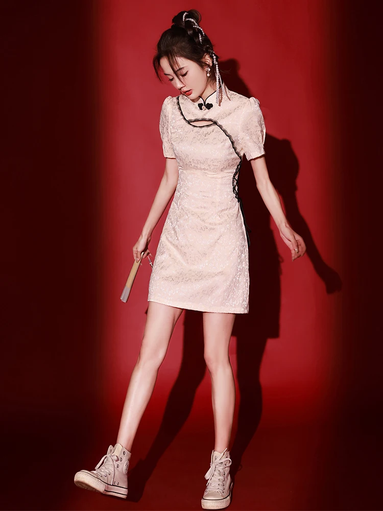 

Young Girl's Reformed ort Ele Vintage High Quali National Trend Summer ort Sve Pure Color Daily Wear