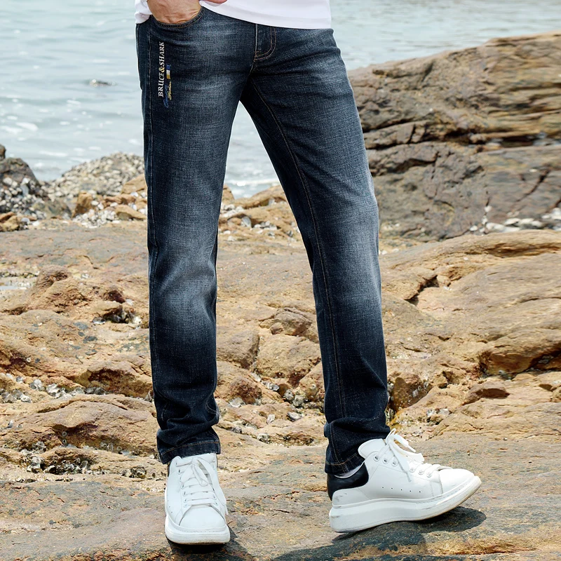 New Bruce&Shark Men's Jeans WinterThicken Cotton Straight Leg Stretch Soft Loose Casual Men's clothing Jeans Fashion Big size