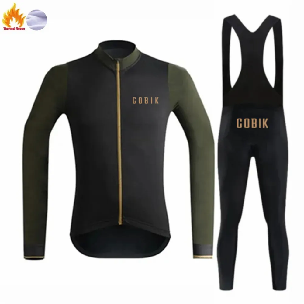 Cobik-Thermal Fleece Cycling Jacket for Men, Long Sleeve Bib Tights Set, Bike Tights, Retro Road Uniform, Winter, New