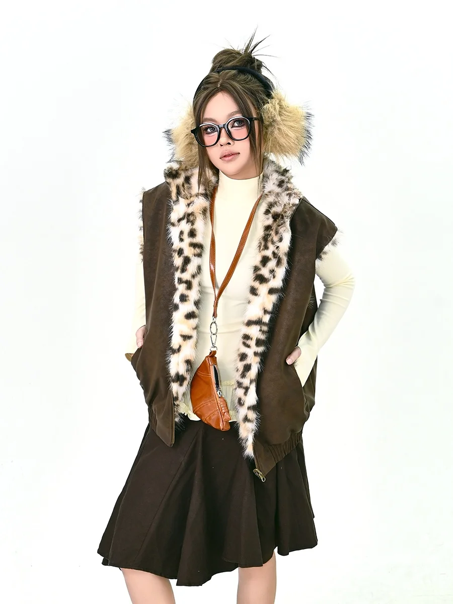 

Женский утепленный жилет свободного кроя с леопардовым принтом и воротником-стойкой, зимняя верхняя одежда в уличном стиле, модная уличная одежда