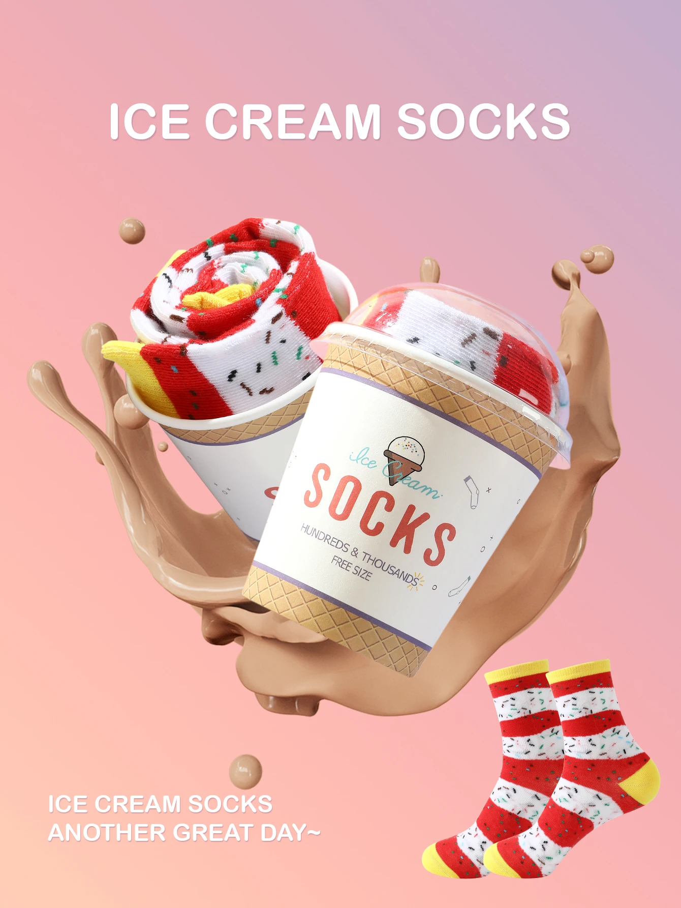 

1 pair of mid-length socks for men and women, ice cream personality funny gift paper cup box, novel and creative, interesting gi