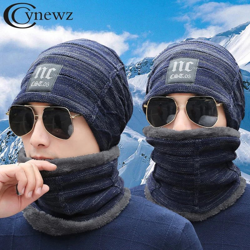 Men's Hat Scarf Set for Winter Fashion Male Knitted Beanie with Scarves Soft Thick Plush Keep Warm Accessories