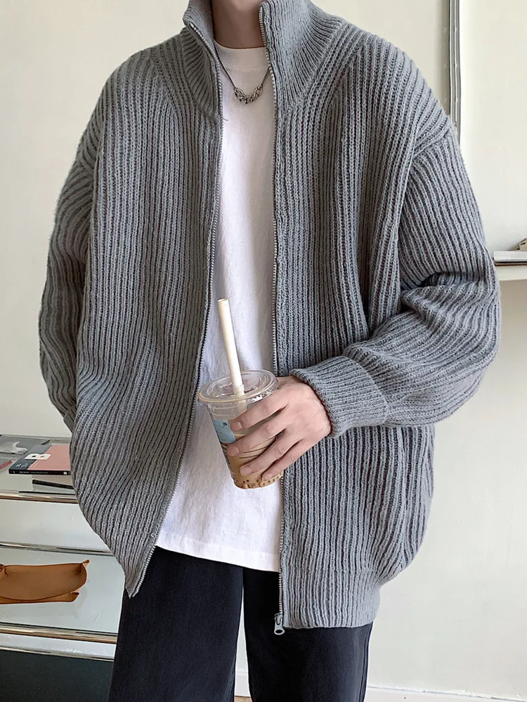 [OIMG] Korean Style Zipper Cardigan Sweater High Neck Trend Loose and Thickened Knit Coat Men's T859-P70