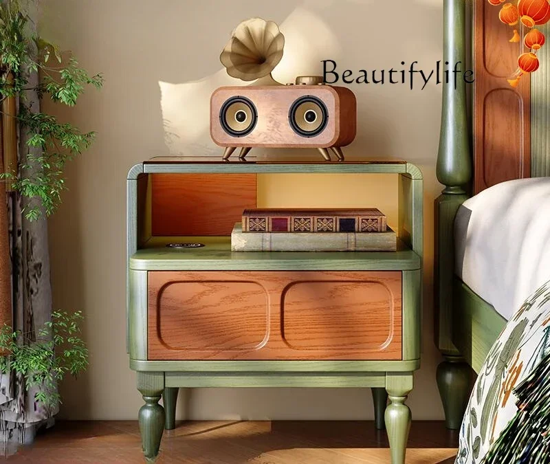 

N Solid wood bedside table French retro style bedroom small apartment design sense medium antique style locker