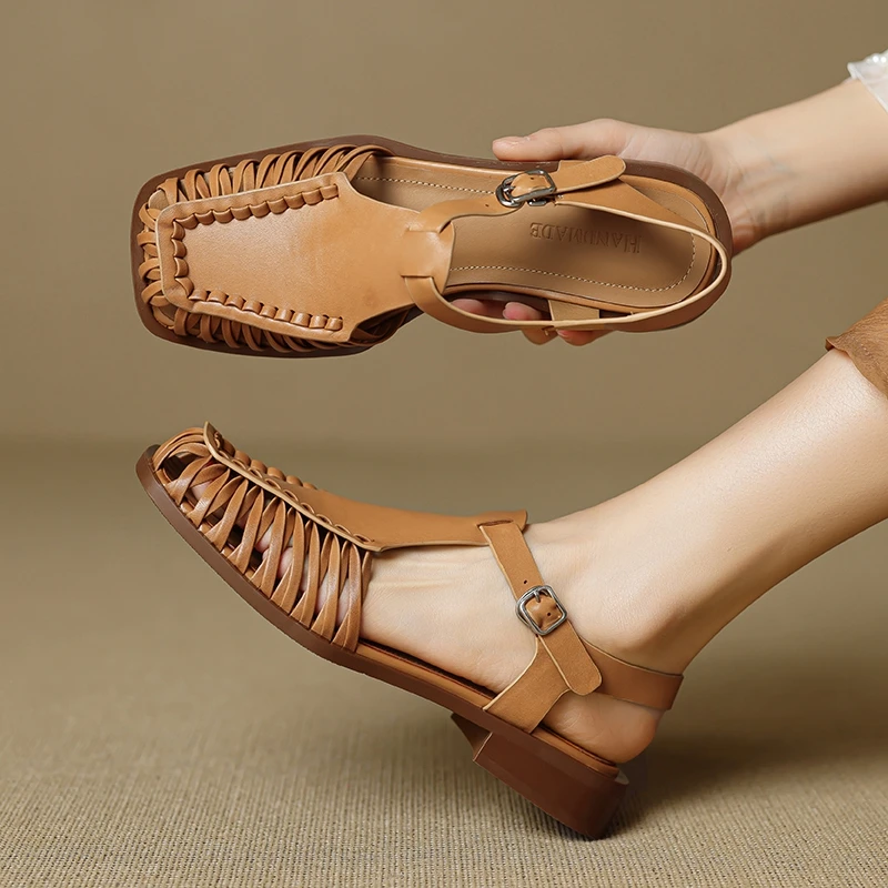 

Women's new summer square head genuine leather cowhide low heel retro elastic buckle comfortable breathable hooded Roman sandals