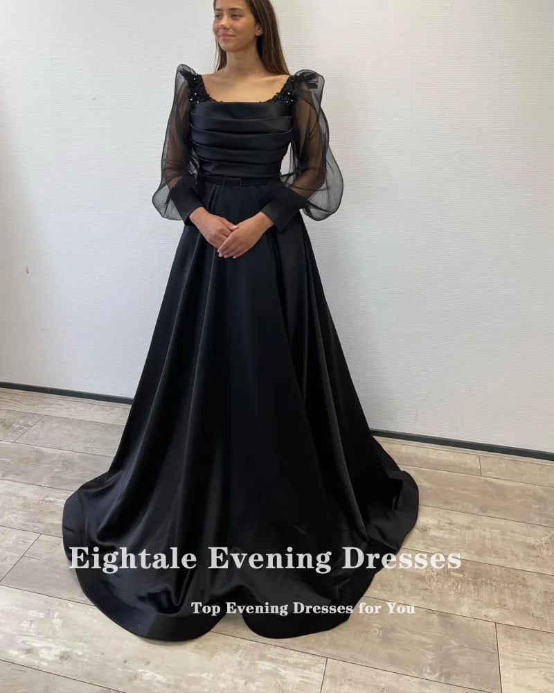 Eigtale-vestido de noche elegante para fiesta de boda, satén, mangas largas abullonadas, cinturón, plisado, árabe, Dubai, vestidos de graduación