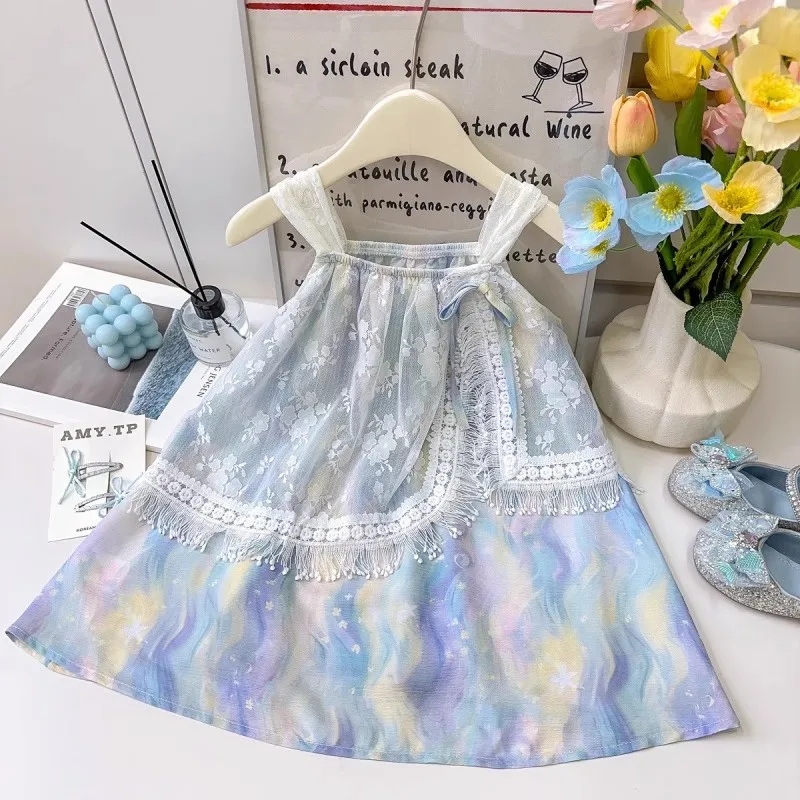 Girls Lace Splicing Dress 2025 Summer New Little Girl Bohemian Suspender Princess Dress Fashion Casual Baby Dress