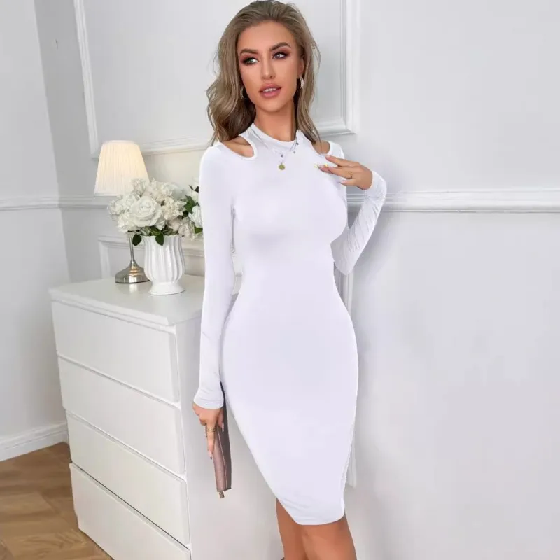 New sexy dress fashionable solid color round neck off shoulder temperament long sleeved hip hugging one-step skirt for women