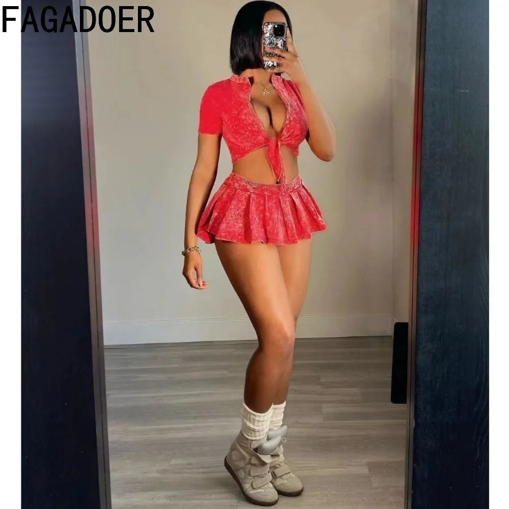 FAGADOER-Haut Court à Manches Courtes pour Femme, Streetwear Y2K, Bandage en V Profond, avec Short, Sous Mini Jupes, Vêtements Sexy