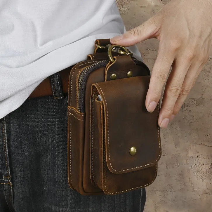 Genuine Leather Waist Bag Outdoor Mobile Phone Belt Bag Top Layer Cowhide Magnetic Buckle Waterproof Storage Pouch for Youth