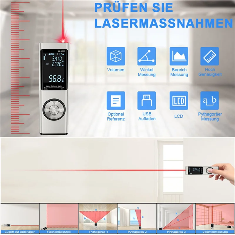 ABFY-3Pcs 40M Smart Digital Laser Distance Meter Range Portable Rangefinder Range Finder Mini Handheld Distance