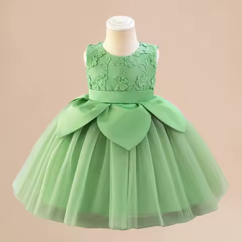 Toddler Girls Green Party Dress Princess Evening Sleeveless Gown Girls Fly Sleeves Bow 1-5Y Birthday Weddings Gown Summer Dress