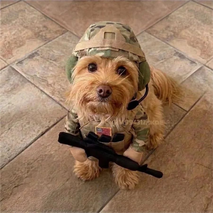 Pet Tactical Soldier Uniform, Halloween Pet Soldier Costume for Dogs & Cats,Tactical Dog Harness with Hat, Funny Military Outfit - view 4
