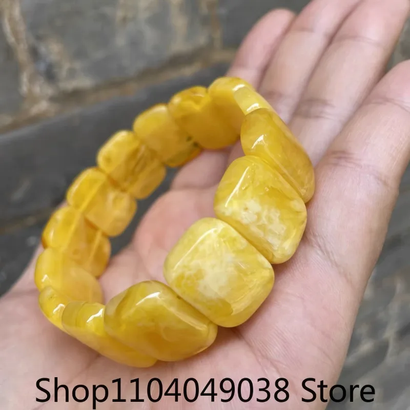 Natural Baltic Amber Elastic Wide Bracelet Yellow Beeswax Gemstone Bangle Men Women Healing Jewelry Real Ambers Amulet Bracelets