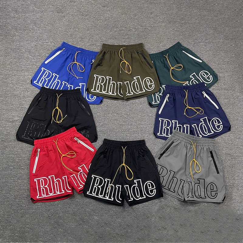 2026 New RHUDE Men Hip Hop Street Shorts Big Logo Print Elastic Drawstring Waist Zipper Pocket Casual Short Pants