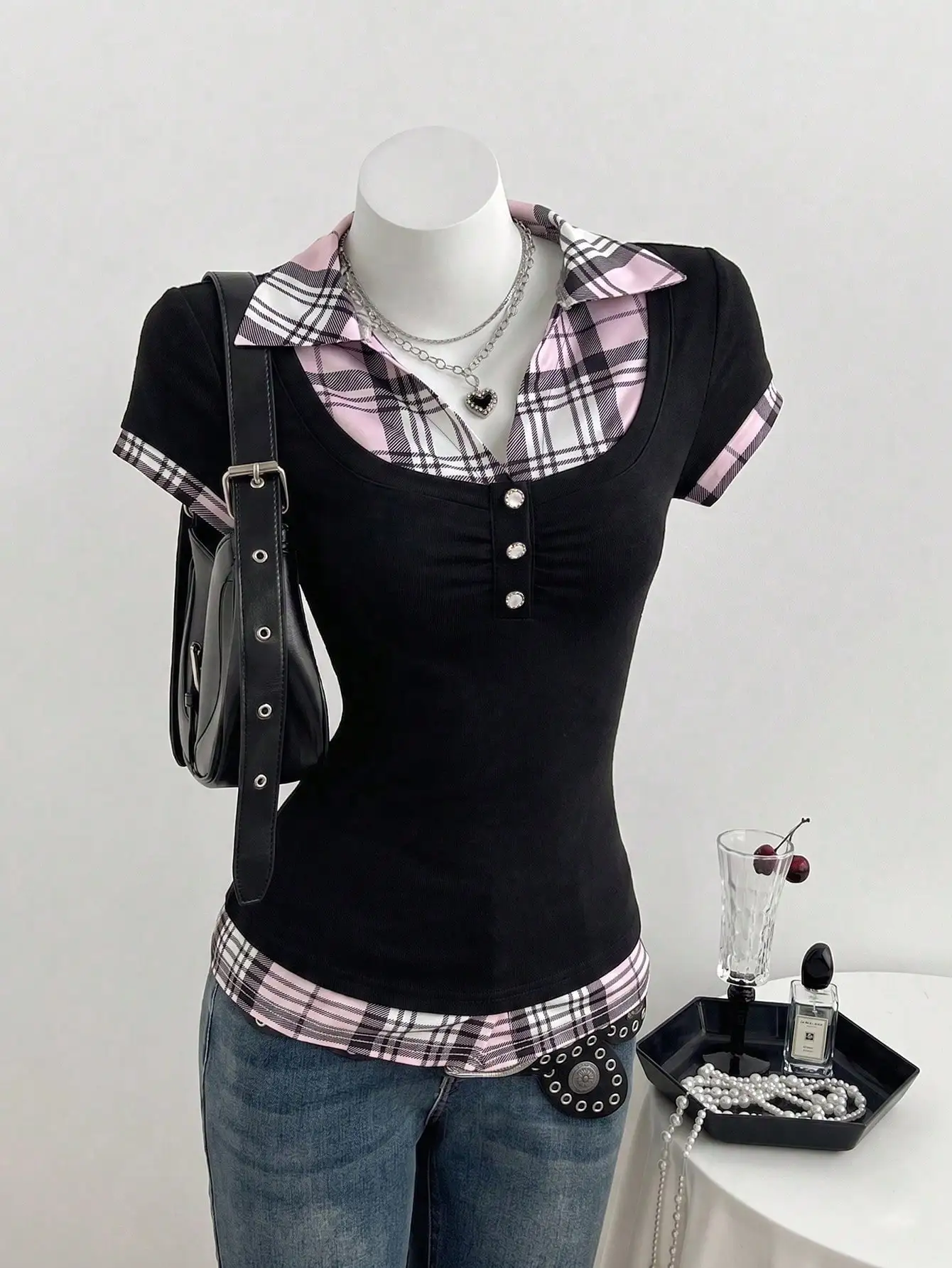 Women Lapel Fake Two Piece Short Sleeve Tee Slim Cropped Ruched Button Top Y2K Street Style Casual Daily Dating Outfits