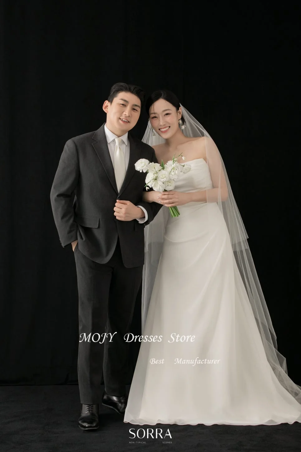 ชุดแต่งงานแบบเกาหลี Mojy แบบเปิดไหล่ สายเดี่ยว ผ้าออร์แกนซ่า ทรงเอไลน์ ชุดเจ้าสาวหรูหรา ยาว สำหรับถ่ายภาพ ผู้หญิง รับตัดตามสั่ง ปี 2025