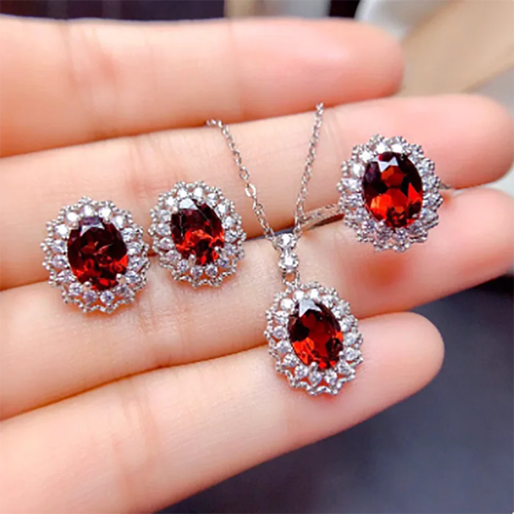 Princess Diana Red Garnet Jewelry set 925 Sterling Silver Party Wedding Rings Earrings Necklace For Women Bridal Jewelry