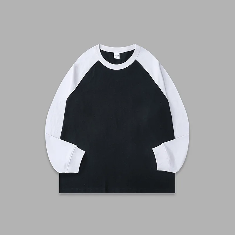 Retro Washed Pure Cotton Splicing Contrasting Color Shoulder Sleeves Loose O-Neck Threaded Sleeves Men's Long Sleeves T-shirt