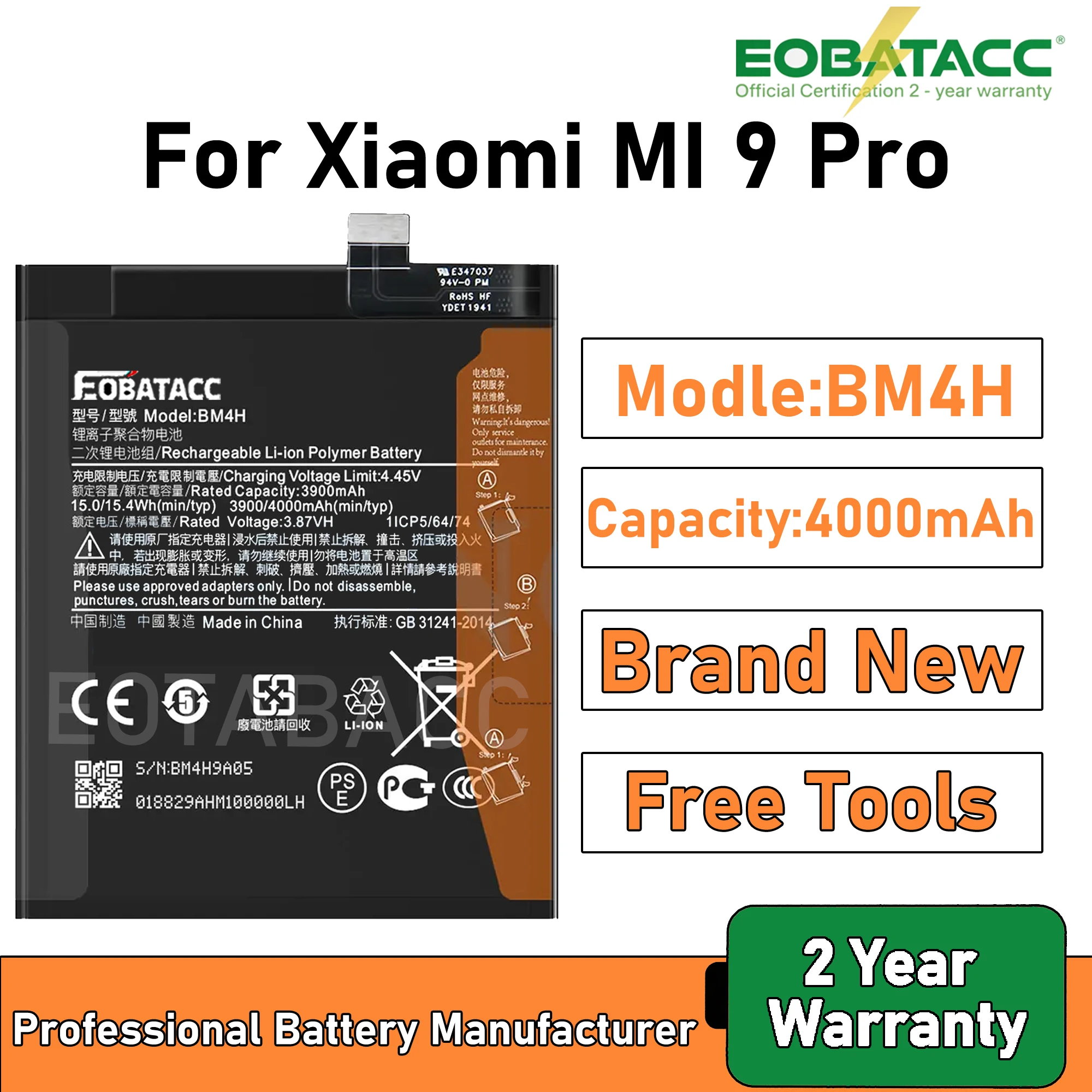 

2025 Years EOBATACC 100% New BM4H Battery For Xiaomi Mi 9 Pro 4000mAh Batteries+Free Tools