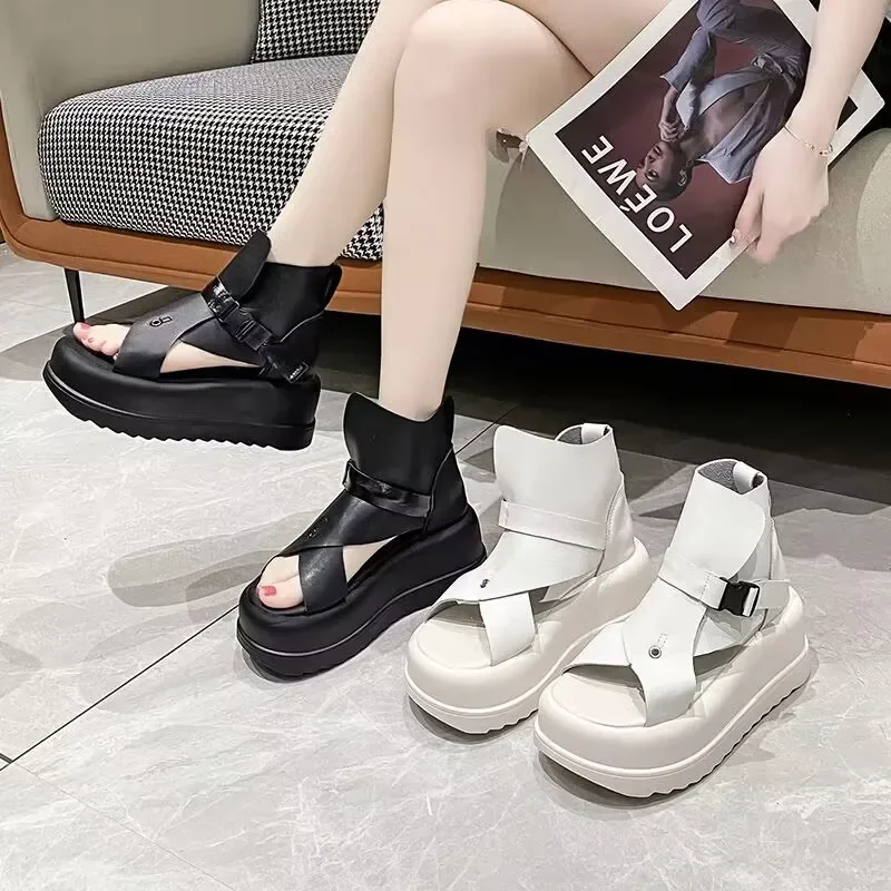 Soft Leather Fish Mouth Cutout Cool Boots High Heel Open Toe Retro Thick Sole Roman platform Sandals zapatillas deportivas mujer