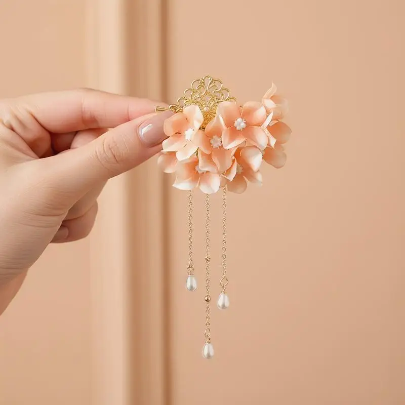 

1Pc Fabric Flower Petals Tassel Pearl Hair Clip For Women Elegant Bridal Hair Accessories for Wedding Party
