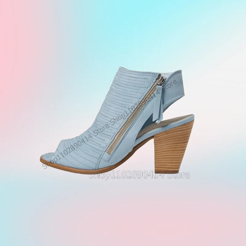 Sky Blue Sewing Design Hollow Cut Heel Peep Toe Pumps Side Zipper Women Shoes Chunky High Heels Fashion 2023 Zapatos Para Mujere