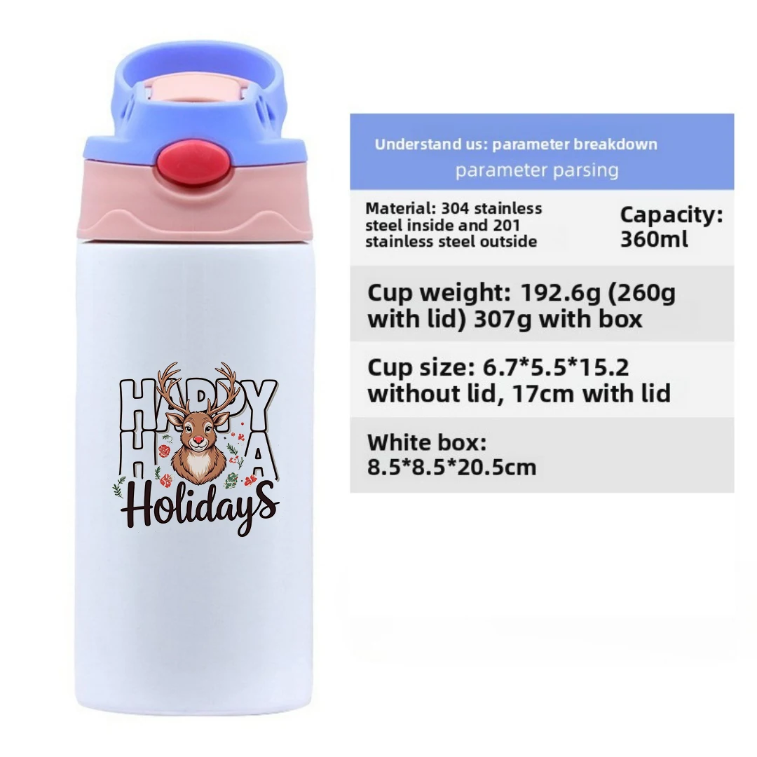 304 الفولاذ المقاوم للصدأ كوب معزول + الكرتون الغزلان القرن كوب بقشة الأطفال عيد الميلاد كوب ماء هدية مجموعة #6