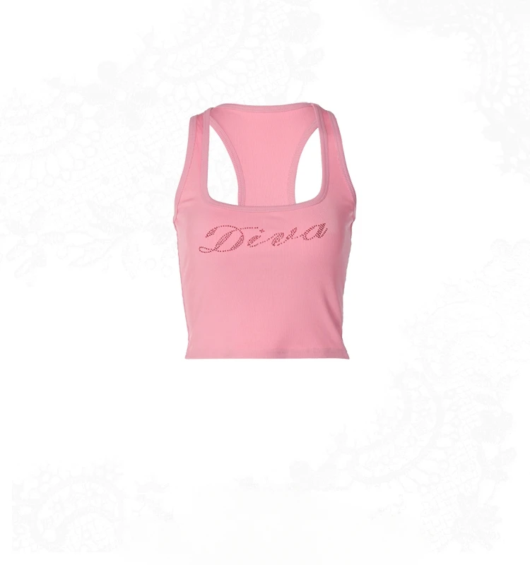 

Y2K Millennium Pink Letter Hot Diamond H-shaped Slim Fit Tank Top Women's Sexy Short Spicy Girl Top Summer