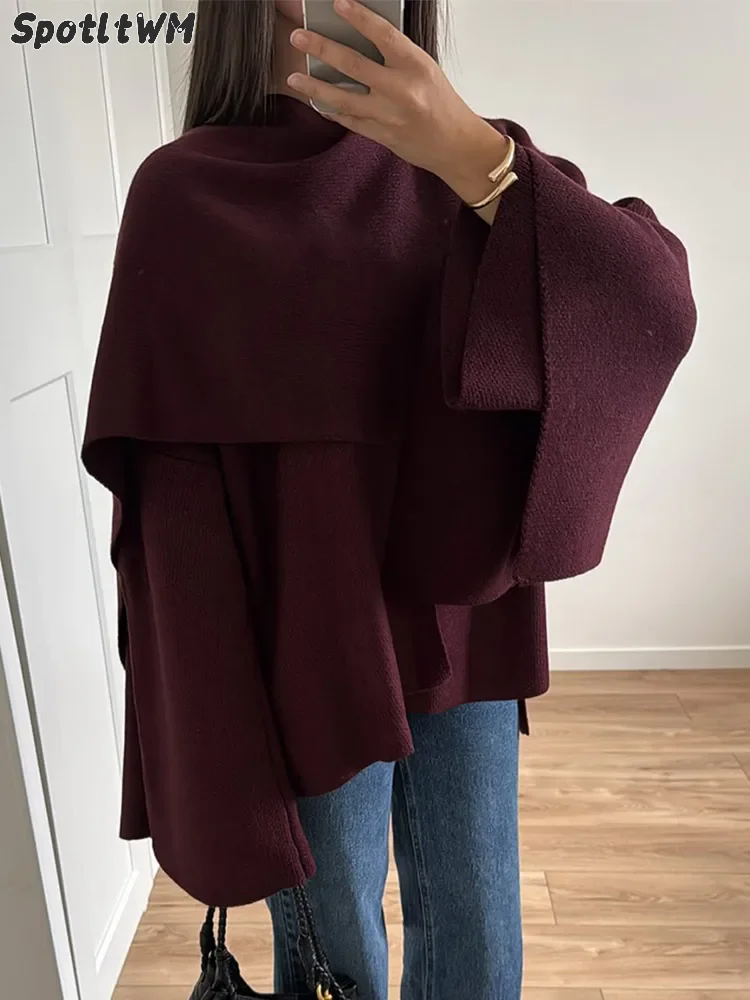 Burgundy Woolen Blends Women's Jacket With Scarf Vintage Long Sleeve Oversize Short Coat 2024 New Autumn Lady Office Outwear New