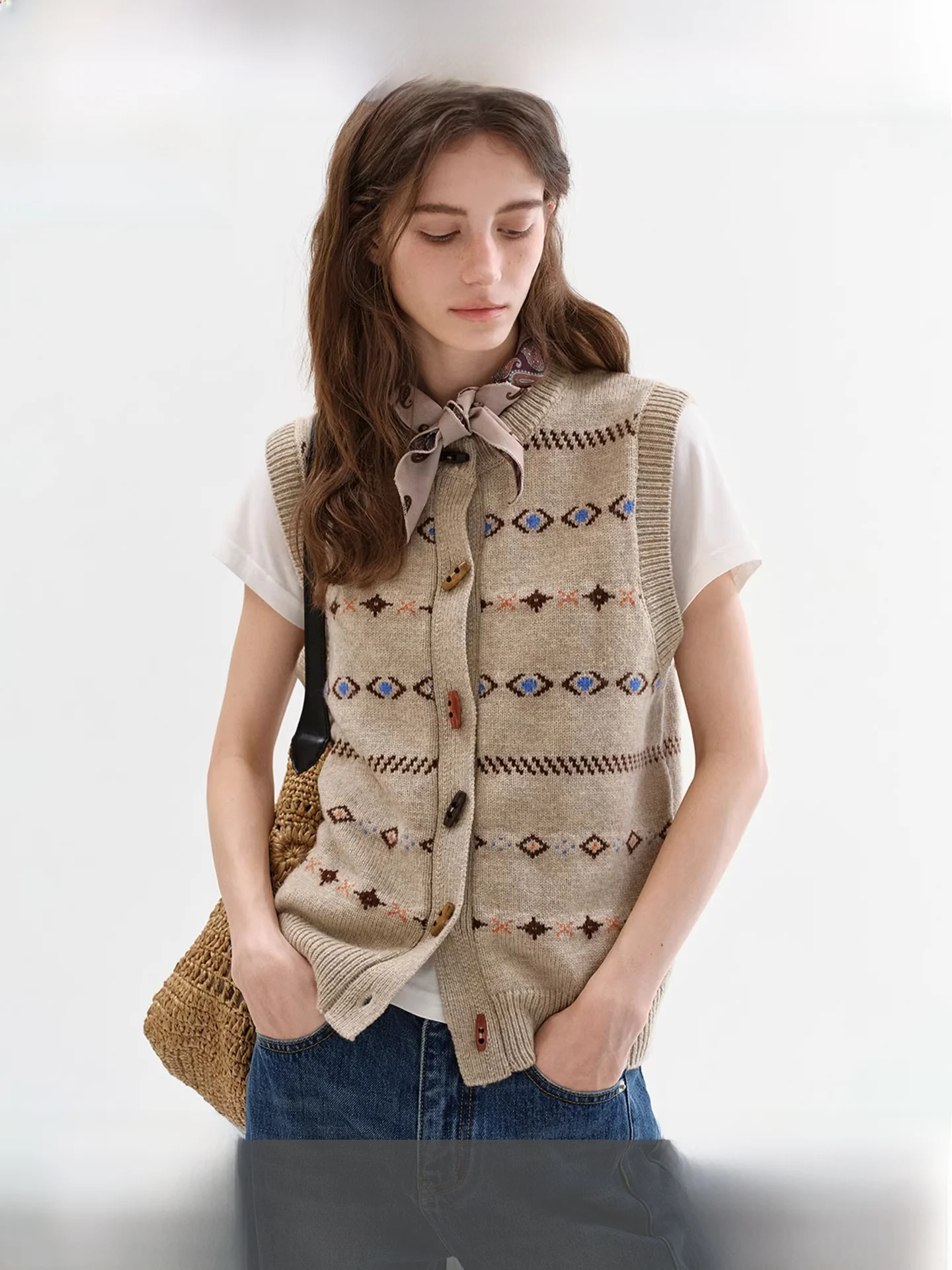 

Fano Camere Blend Geometric Knit round Ne Vest Faionable Versatile Button Detail Casual Sle Women's Knitted Top