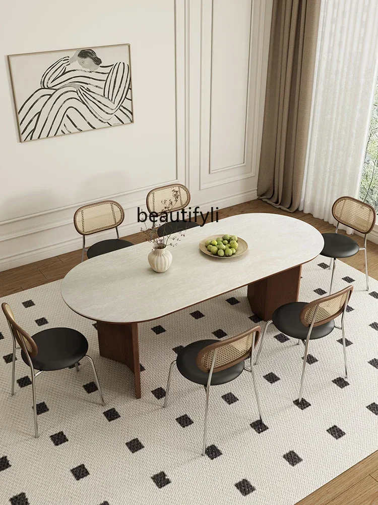 FG10French  Solid Wood Dining Table Designer Model Small Apartment Mid-Ancient Oval Cave Stone Stone Plate Dining Table and Chai