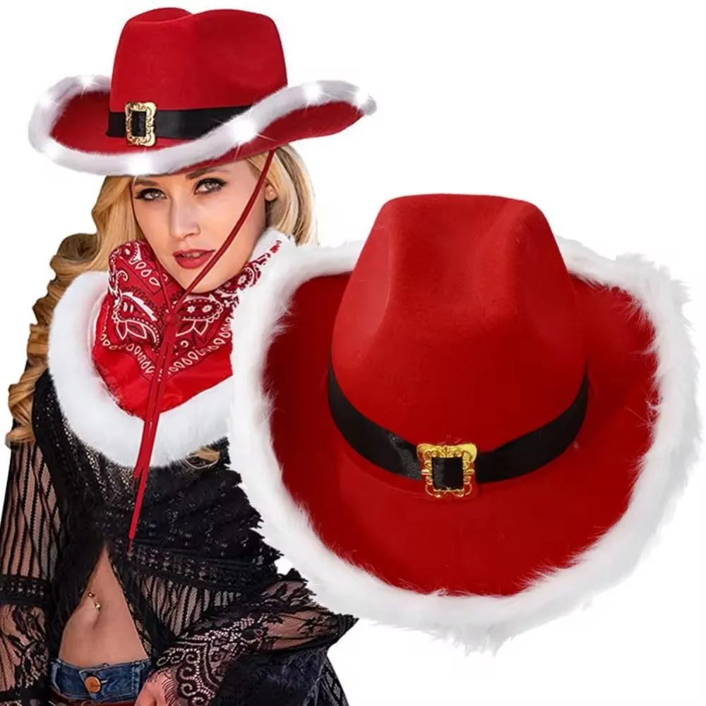 Fashion Christmas Cowboy Hats LED Luminous Red Velvet And White Feather Santa Hat Women Girls Cosplay Tiara New Year Party Decor