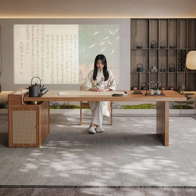 2026 new Chinese-style solid wood desk office reception tea table living room large long desk tea table integrated dual-use