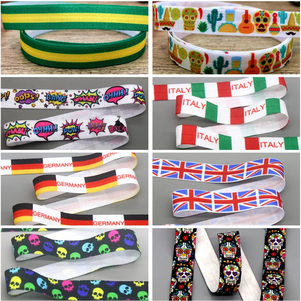 DUWES 5/8'' 50yards Flag Mexican UK Skull Bang Printed Fold Elastic FOE Stretch Ribbon Accessories Craft DIY Sewing D2509