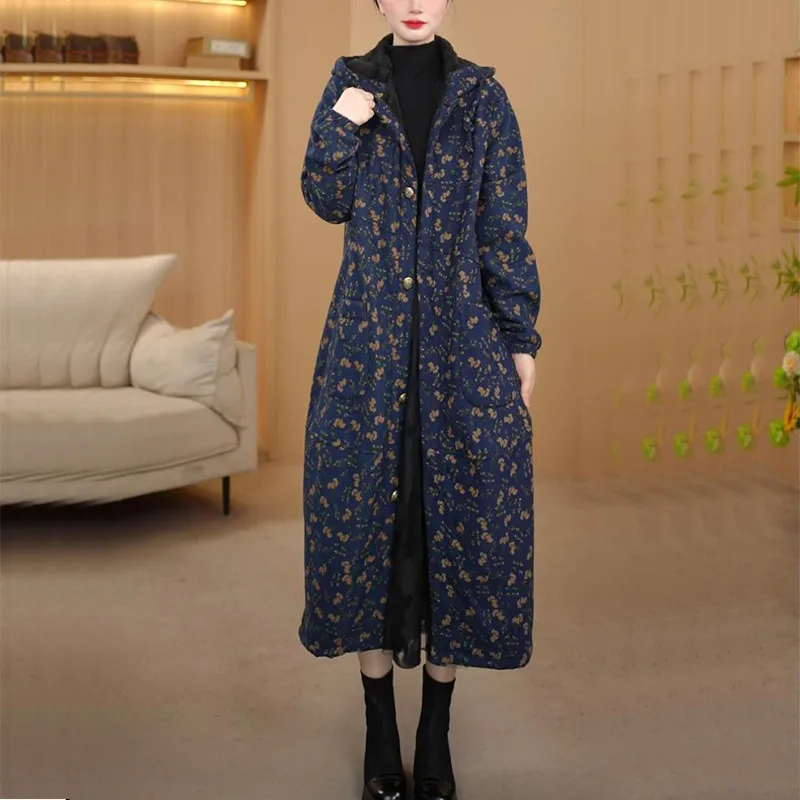 Novo 2025 casaco de trincheira feminino mais veludo grosso outono inverno longo impressão com capuz blusão jaqueta casual manter quente casaco longo