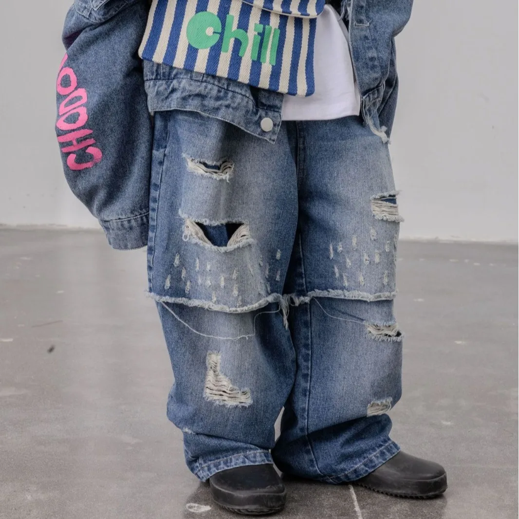 

Kid Jean Pant Children Jeans 2024 New Spring Boy and Girls Pants Holes All Match Trousers Boy Korean Style Fashion Pants