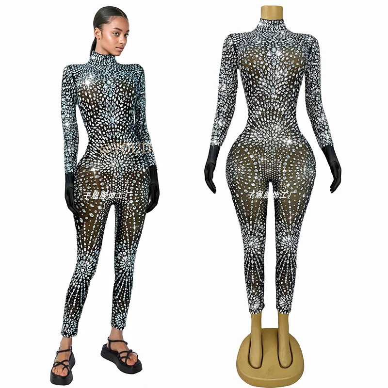 

Gogo Dance Clothes Rhinestone Bodysuits Drag Queen Sparkly Black Jumpsuit Dancer Singer Stage Costumes Festival Rave Wear 3496