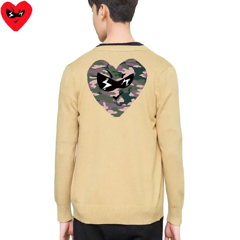 Break Egg Men Cardigan Cotton Red Cute Glasses Heart Embroidery Colorful Heart Print V-Neck Single Breasted Autumn Fit Sweater