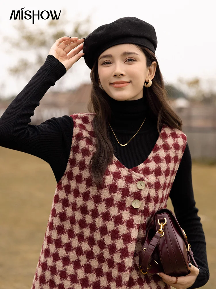 MISHOW Plaid Vest Dress 2022 Autumn Winter Vintage Dresses Aline Vneck Sleeveless Woolen Vestidos Chic Female Clothes MXB47L1332