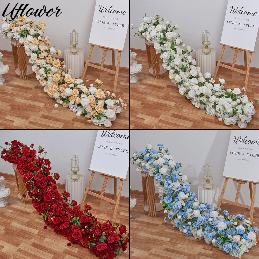 

Uflower Artificial White Rose Green Plants Flower Row Decor Long Runner Wedding Backdrop Floral Arrangement Party Stgae Props