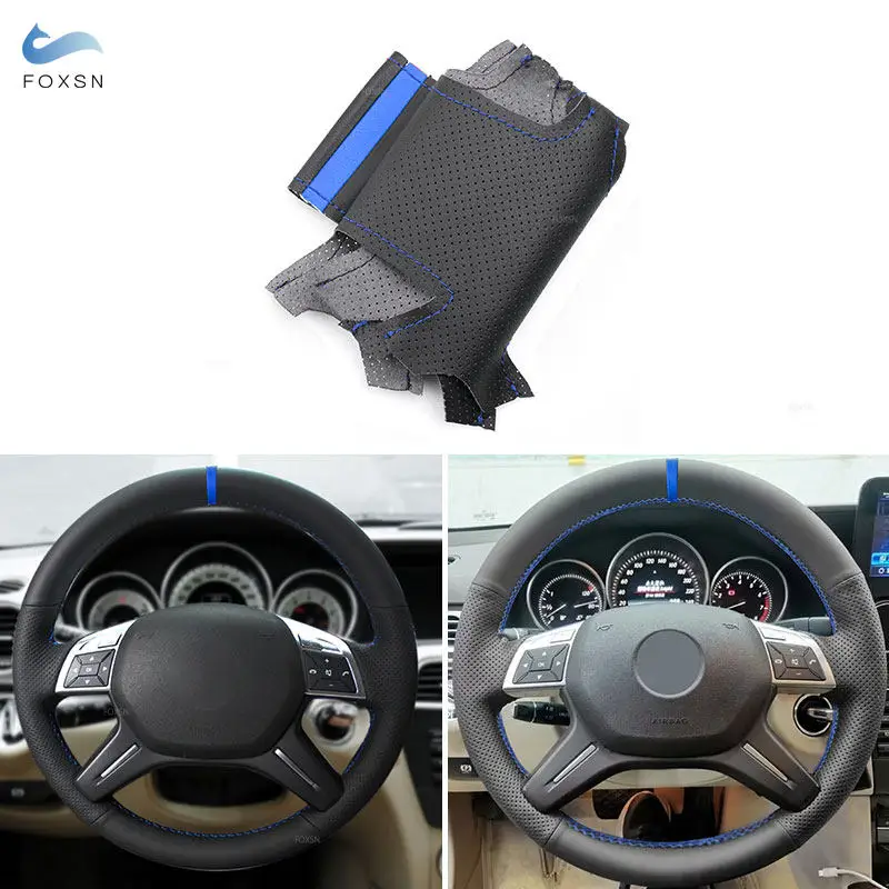 

Car Perforated Leather Blue Thread&Strip Steering Wheel Cover Accessories For Mercedes Benz C GL G M Class W204 W463 X166 W166