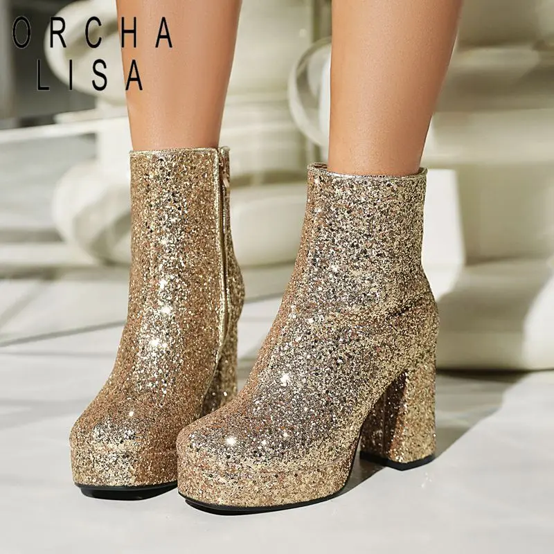 

ORCHA LISA 2025 Bling Women's Ankle Booties 9cm Block Heels 2cm Platform Zipper Fashion Banquet Wedding Plus Size 41 43 Bota