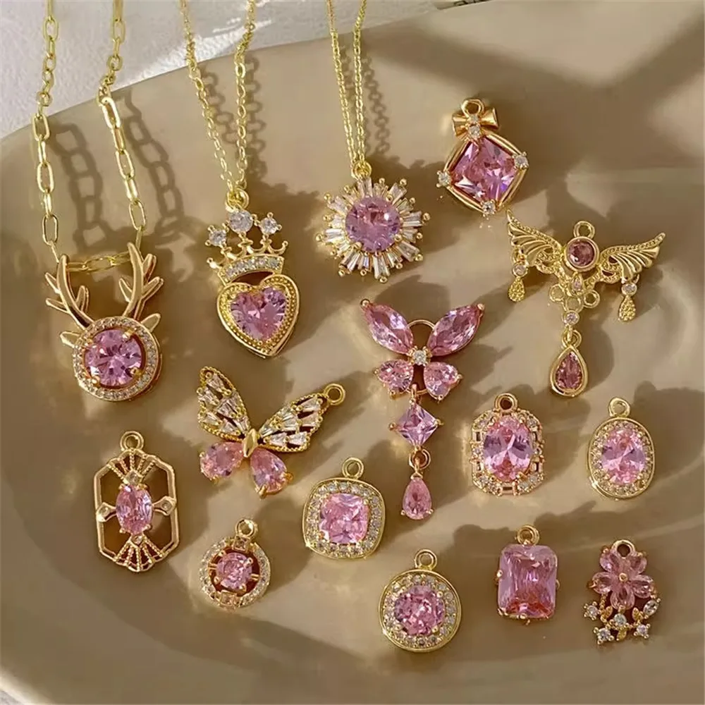 

Pink Series Copper-plated Real Gold Slightly Zircon Pendant DIY Handmade Earrings Bracelet Necklace Jewelry Accessories Material